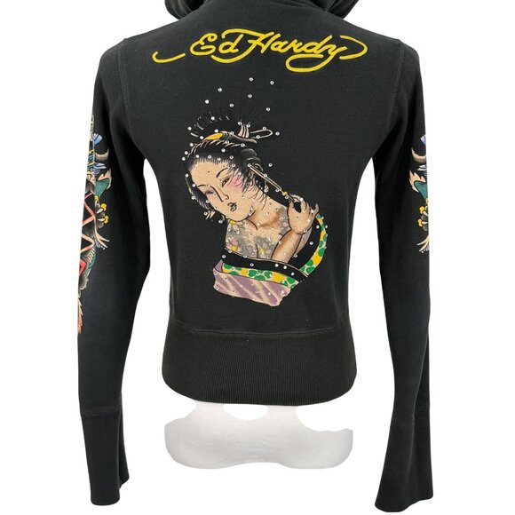 Vtg Y2K Ed Hardy Black Dragon Geisha Graphic Zip Up Hoodie | Grunge Streetwear S - Picture 6 of 13